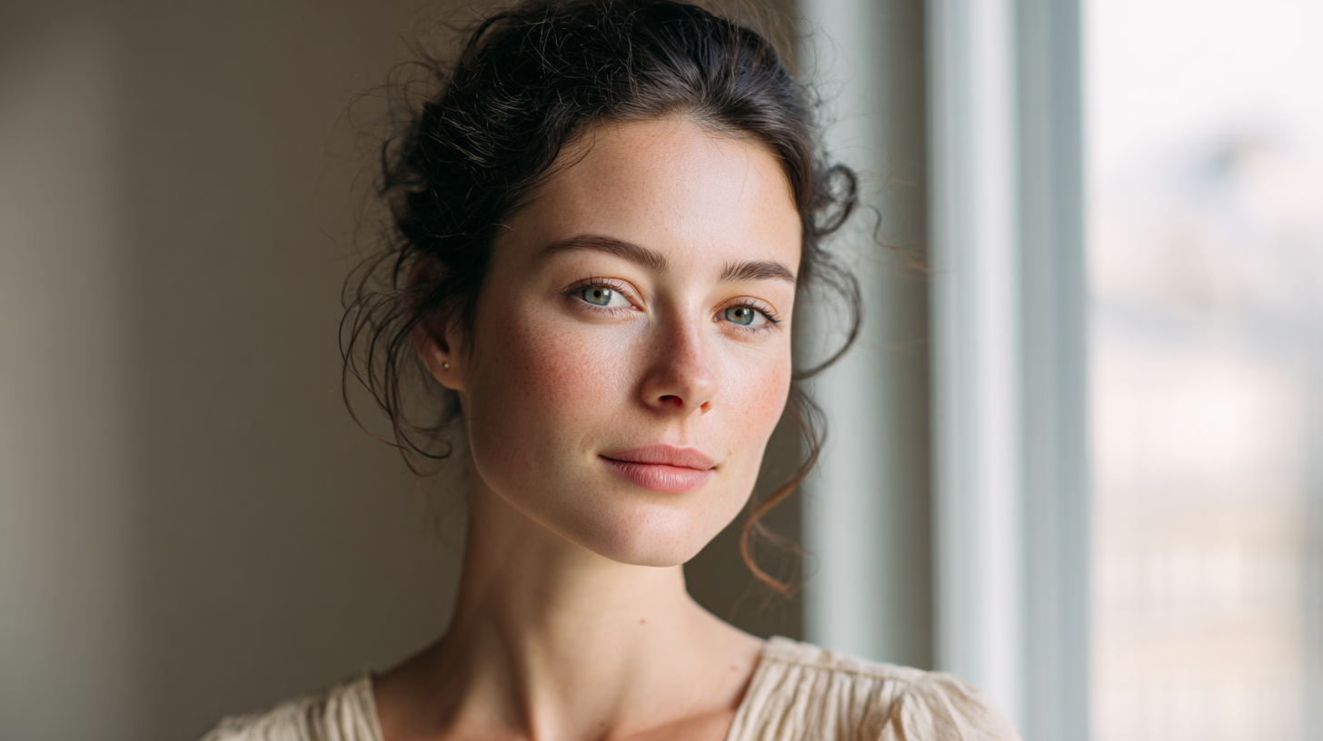 European woman with naturally glowing skin in soft morning light, representing a calm and minimalist European morning skin care routine