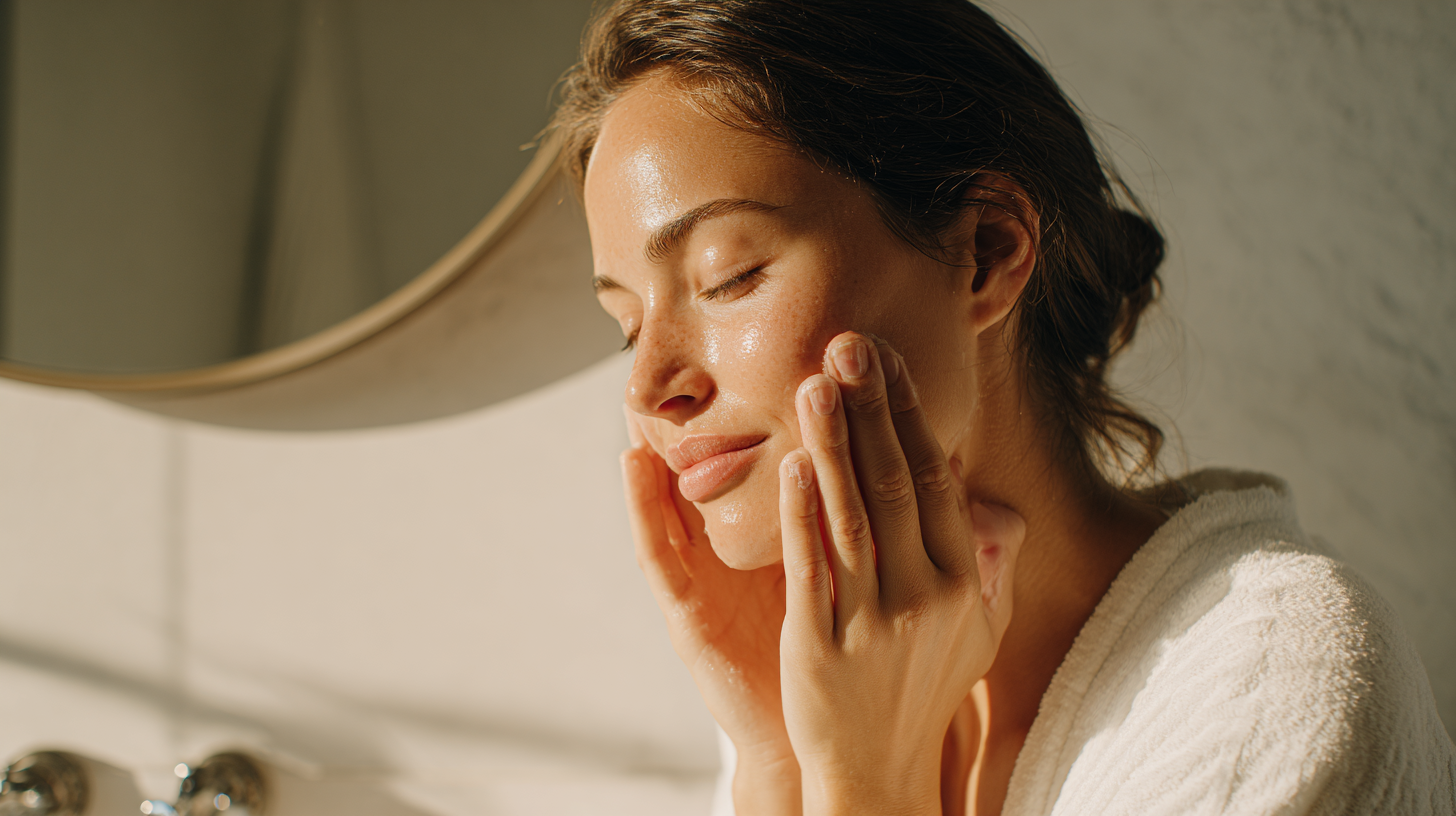 European woman gently washing her face in natural daylight, illustrating a simple and stress-free morning skin care habit