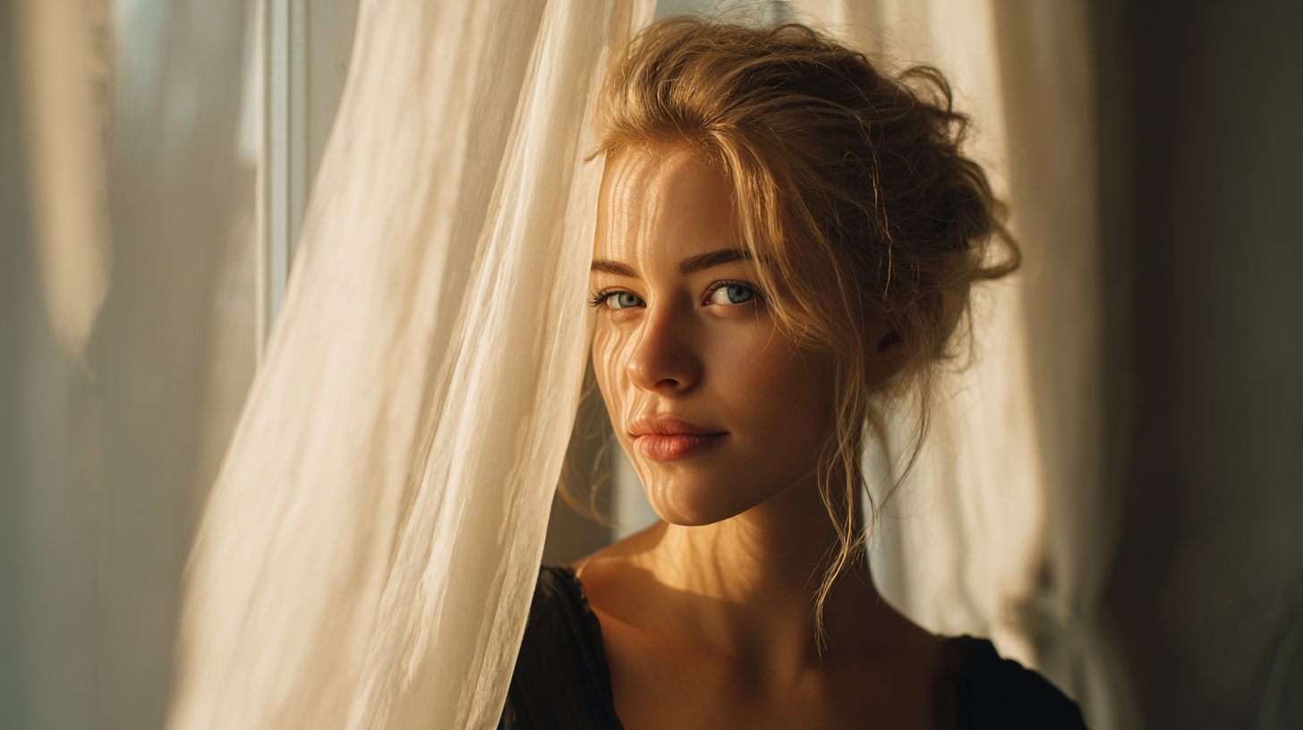 European woman standing near a sunlit window, symbolizing the role of natural light in a balanced morning skin care routine